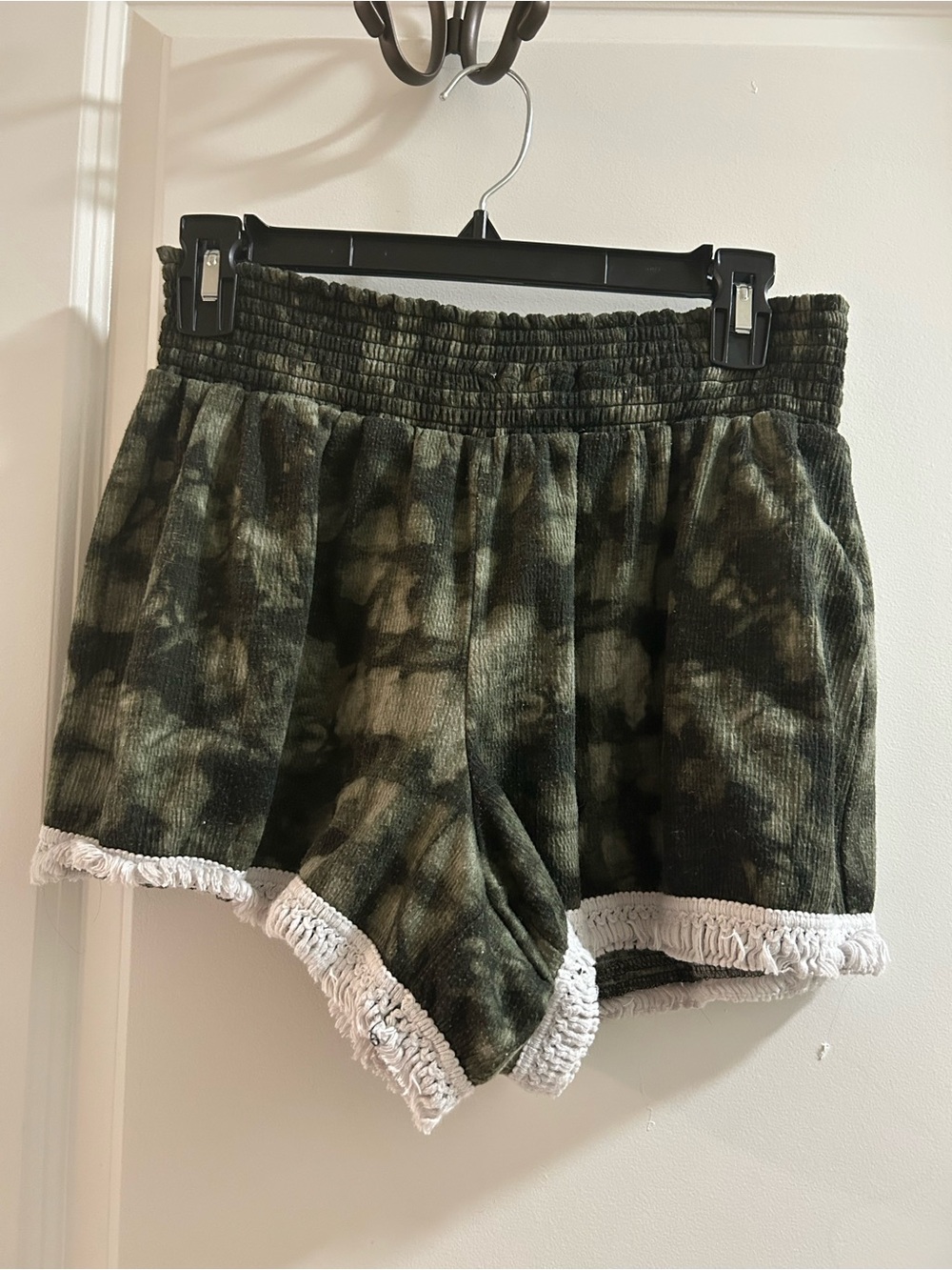 Women's Olive and Black Tie-Dye Lounge Shorts with Fringe Trim